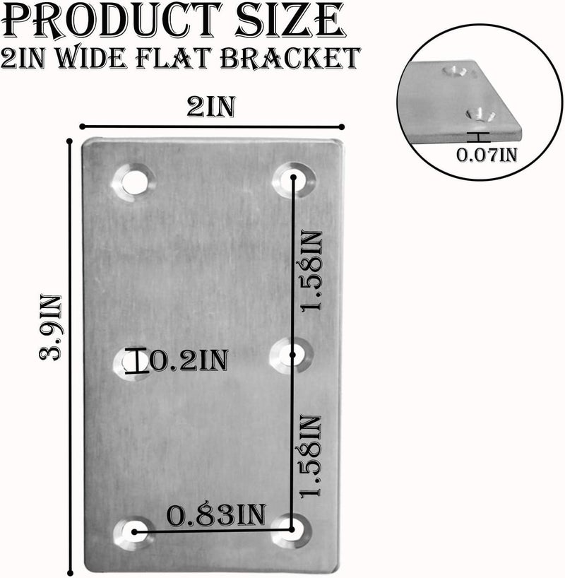 Evadow 20Pcs Stainless Steel Flat Bracket Mending Plate, 4"x2" Bracket Joining Plate, Heavy Duty Metal Repair Fixing Joining, Flat Brace Right Angle for Wood Furniture Cabinet Shelves - Image 2